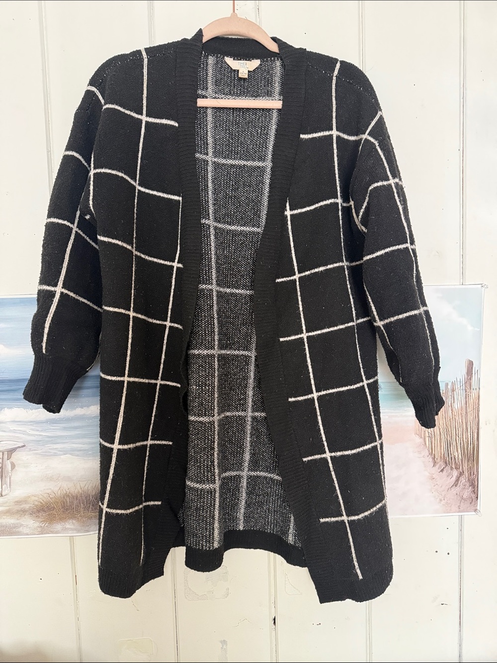 Time and Tru Black Cardigan with White Grid Pattern